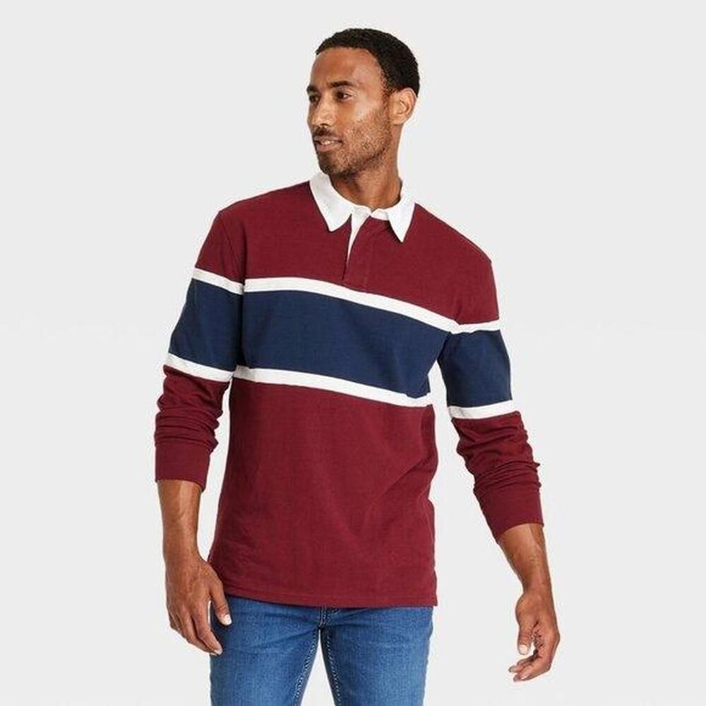 Goodfellow & Co. Men's Burgundy and Navy Long Sleeve Rugby Polo Shirt, Size M